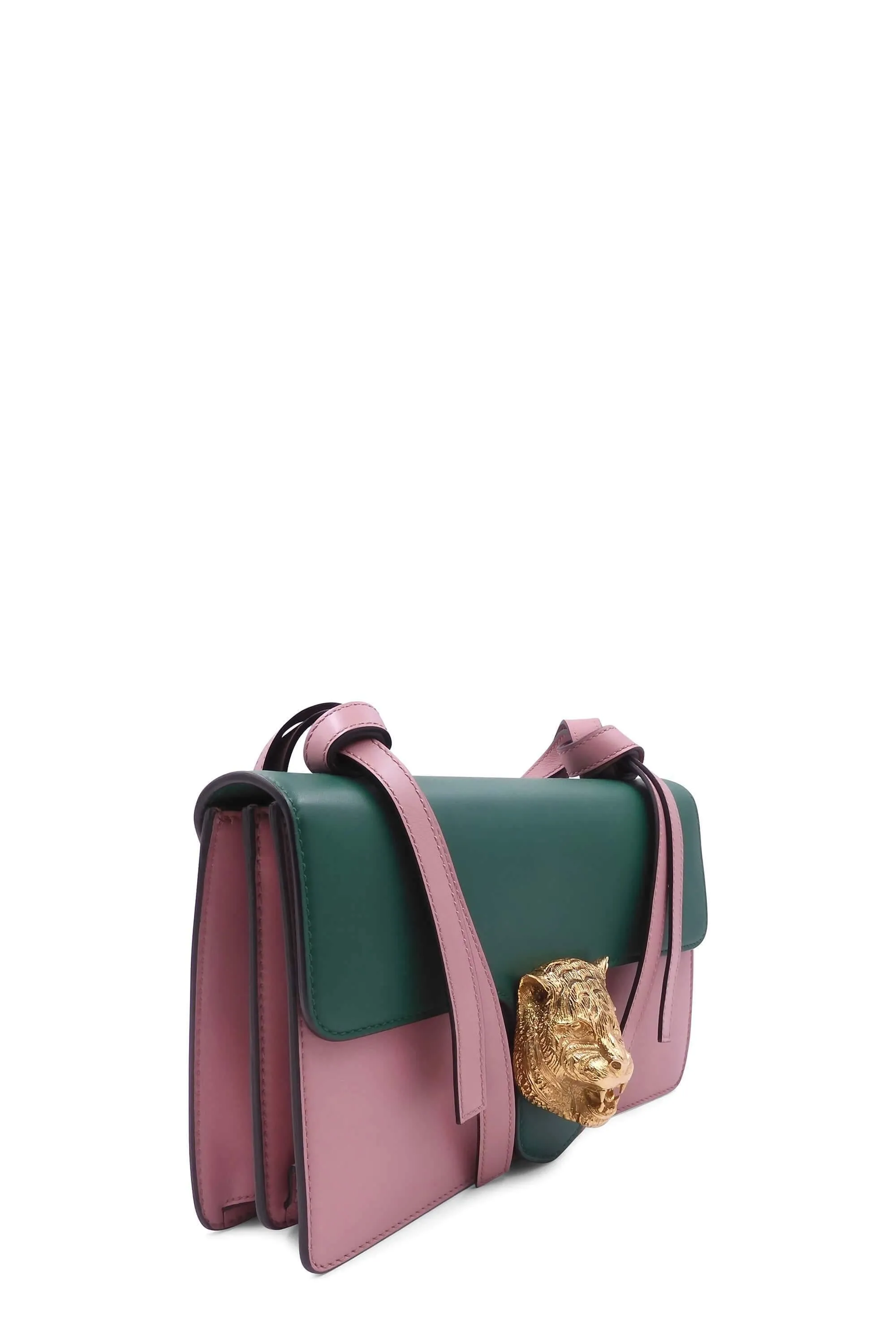 Animalier Tiger Head Clasp Shoulder Bag Pink Green