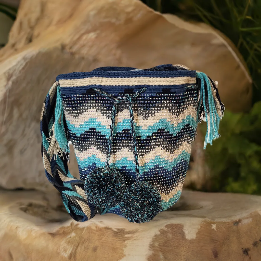 Handcrafted Aviana Wayuu Mochila Bag with Crystals - Unique Crochet Design