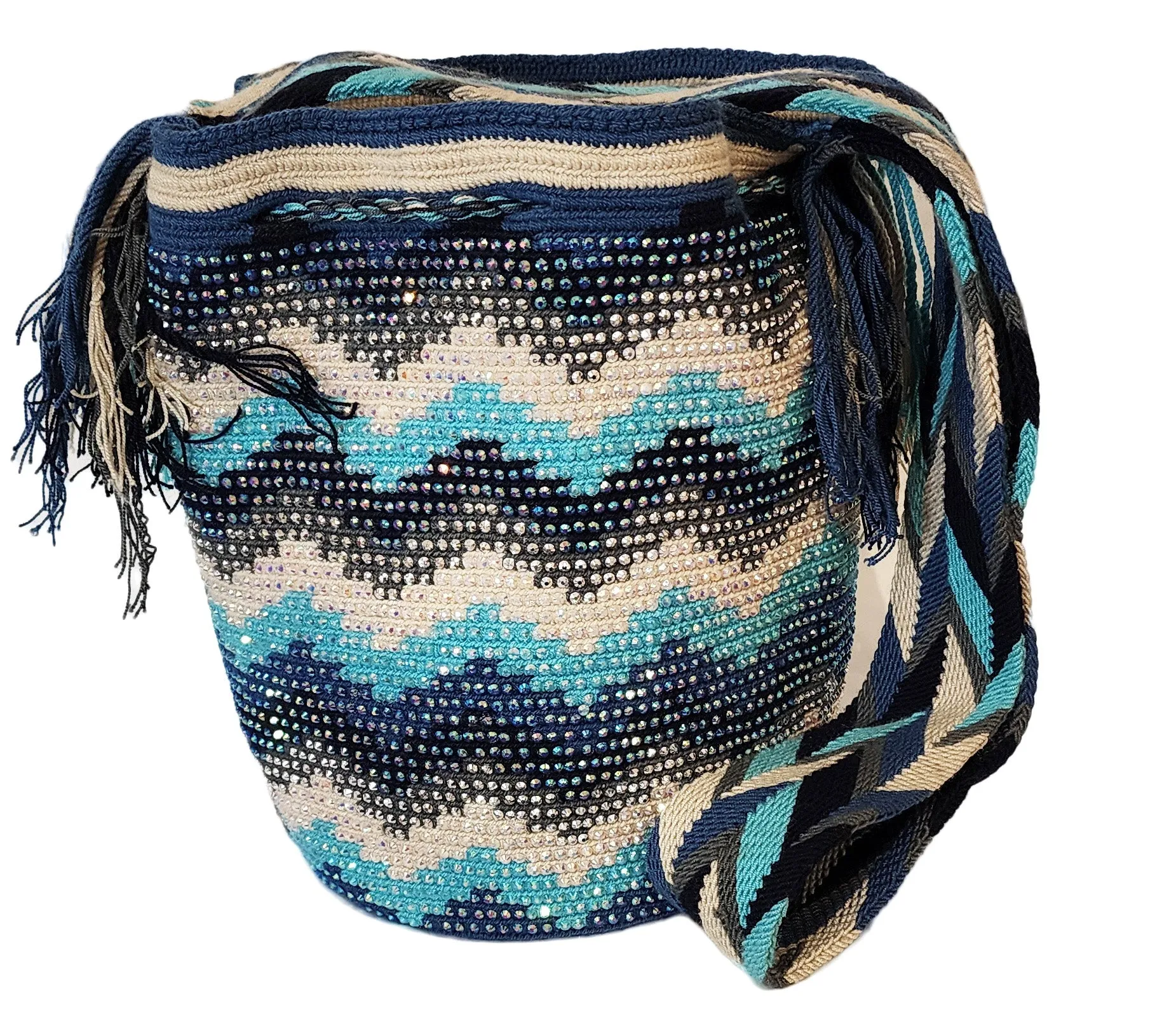 Handcrafted Aviana Wayuu Mochila Bag with Crystals - Unique Crochet Design