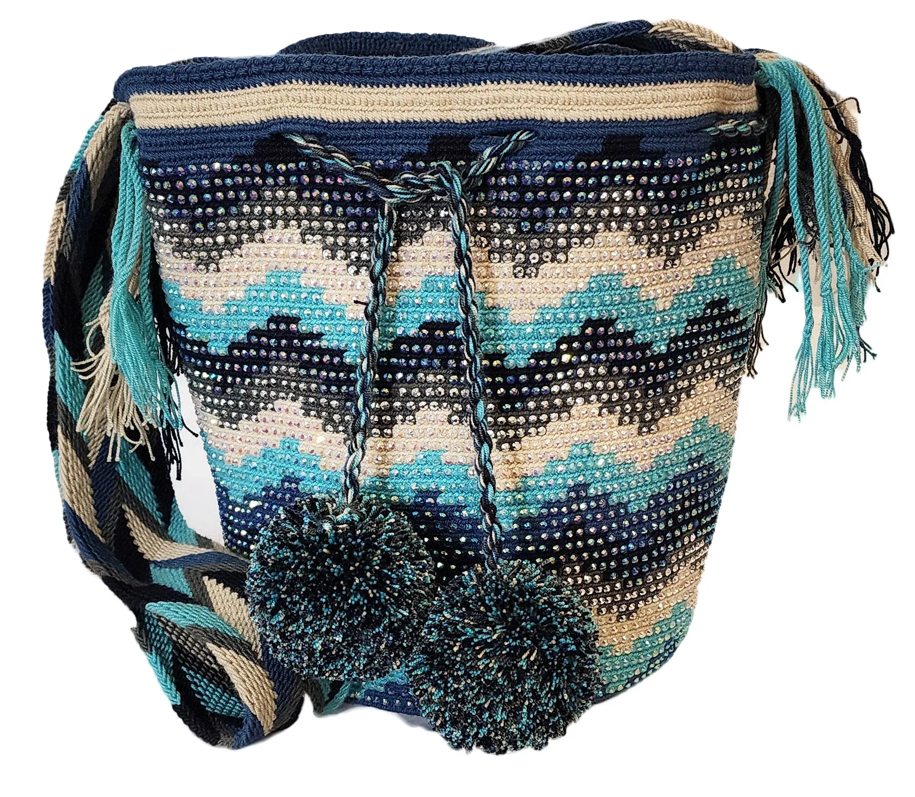 Handcrafted Aviana Wayuu Mochila Bag with Crystals - Unique Crochet Design