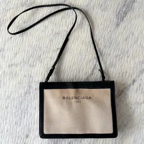 Balenciaga Cream Canvas Navy Leather Crossbody Pouch