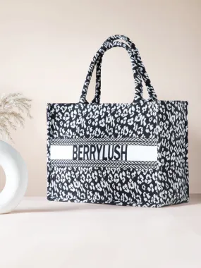 Berrylush Women Black & White Animal Printed Fabric Two Handle Zipper-Up Embellished Tote Bag