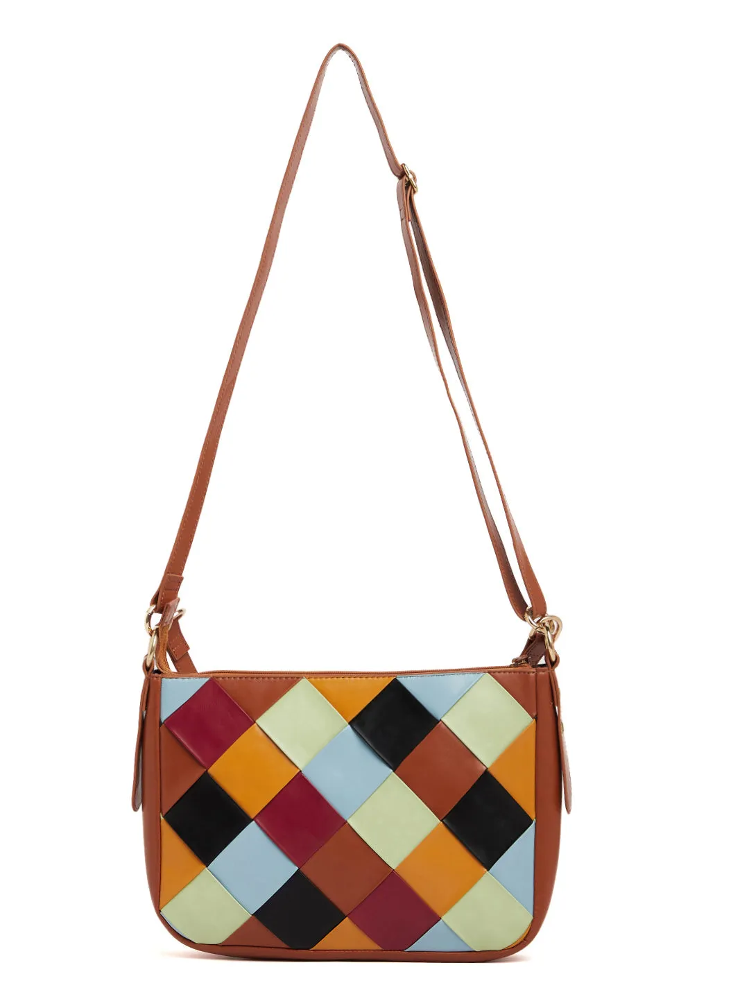 Berrylush Women Brown & Multicolour Geometric Pattern PU Detachable Sling Strap Structured Small Sling Bag