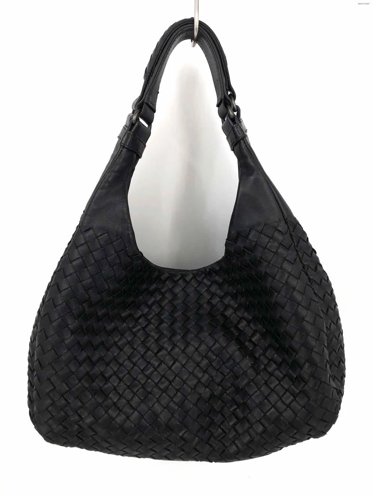 BOTTEGA VENETA Black Leather Intrecciato Woven Hobo Purse