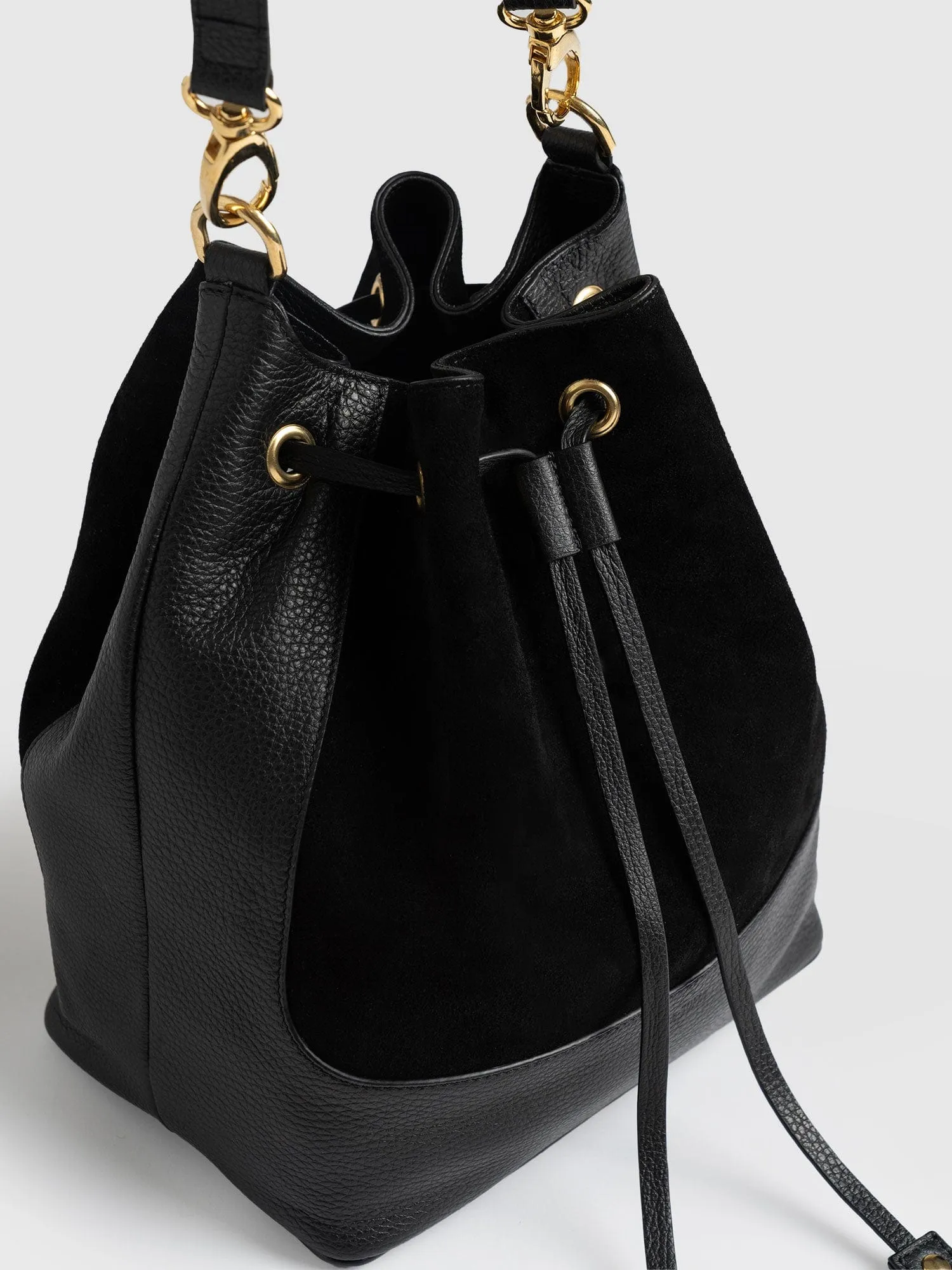 Brompton Bucket Bag - Black Suede Pebble