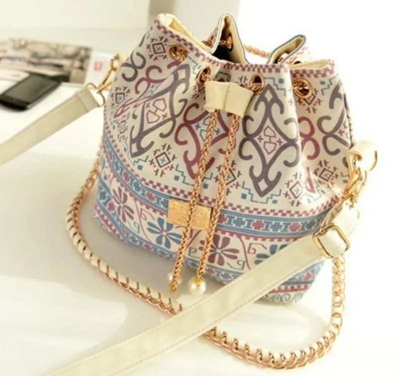 Canvas Drawstring Lady Bucket Bag Chains Shoulder Handbags   Messenger Bags