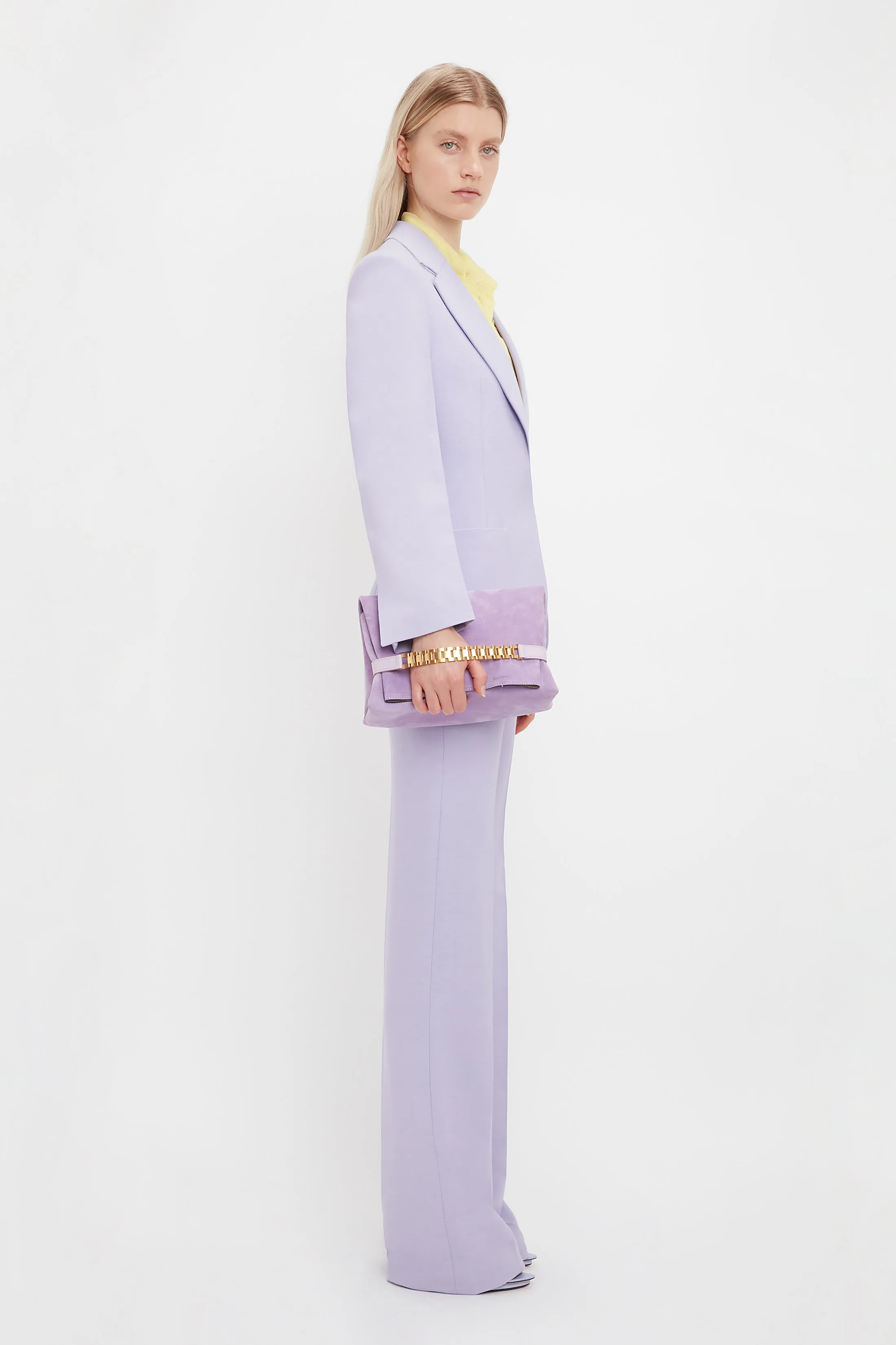 Chain Pouch Bag with Strap in Lilac Suede