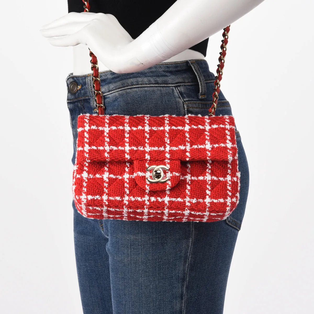 Chanel Red Check Tweed Mini Rectangular Flap Bag