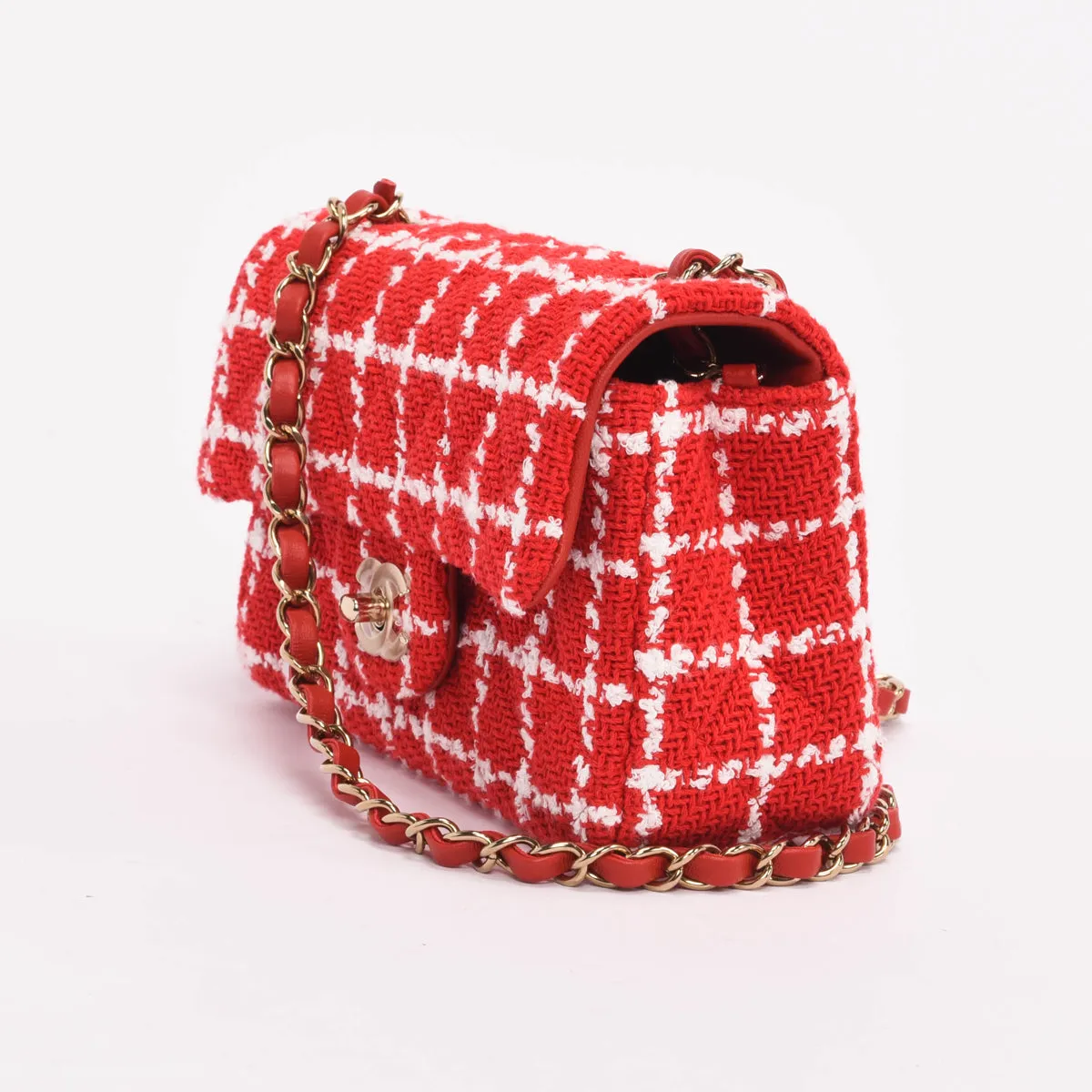 Chanel Red Check Tweed Mini Rectangular Flap Bag