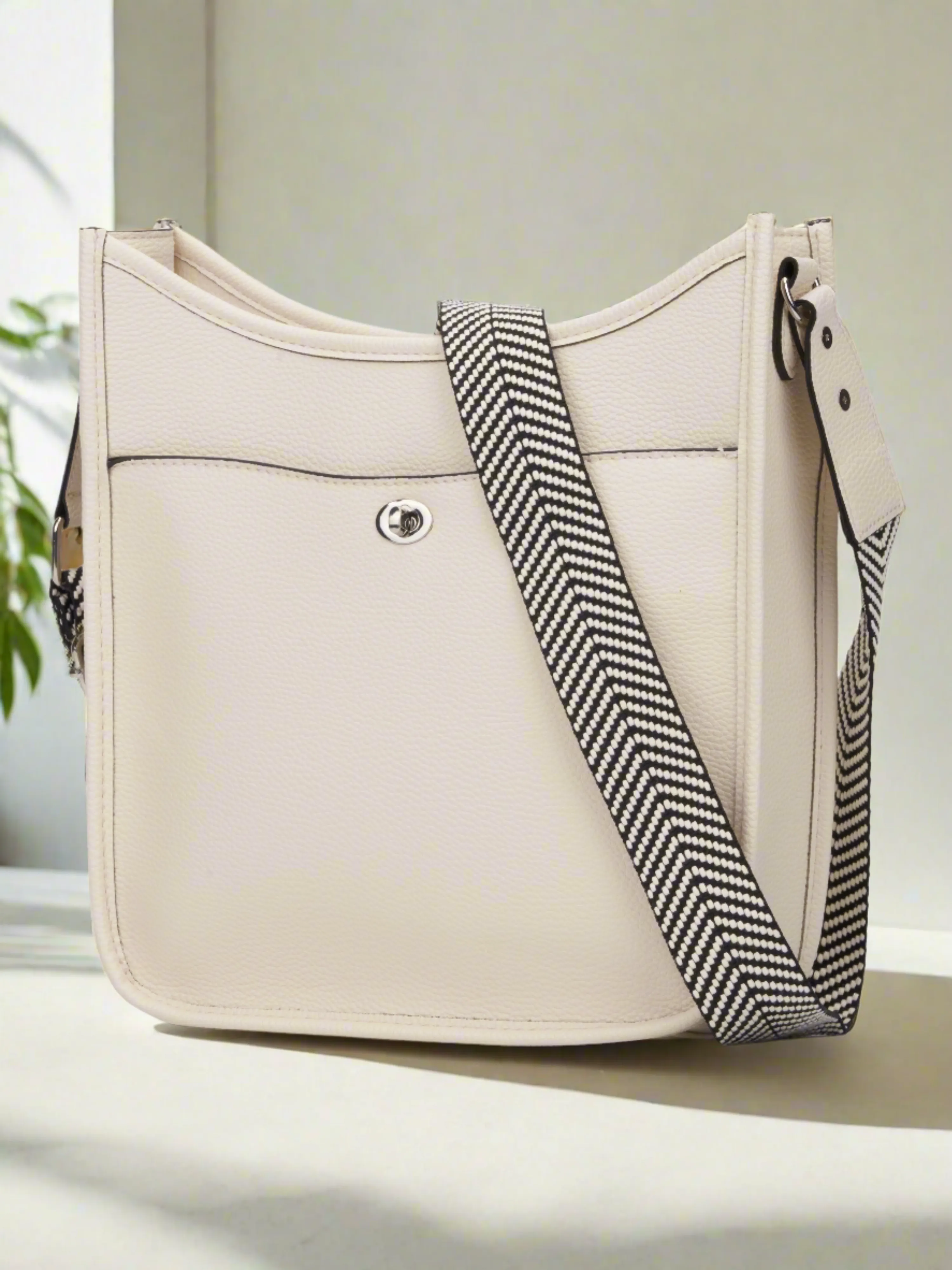 Cross Body Purse Off White Vegan Leather with Chevron Strap