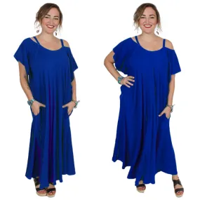 Dairi Fashions Electric Blue Plus Cold Shoulder Farfala Peek Dress Sml-6X