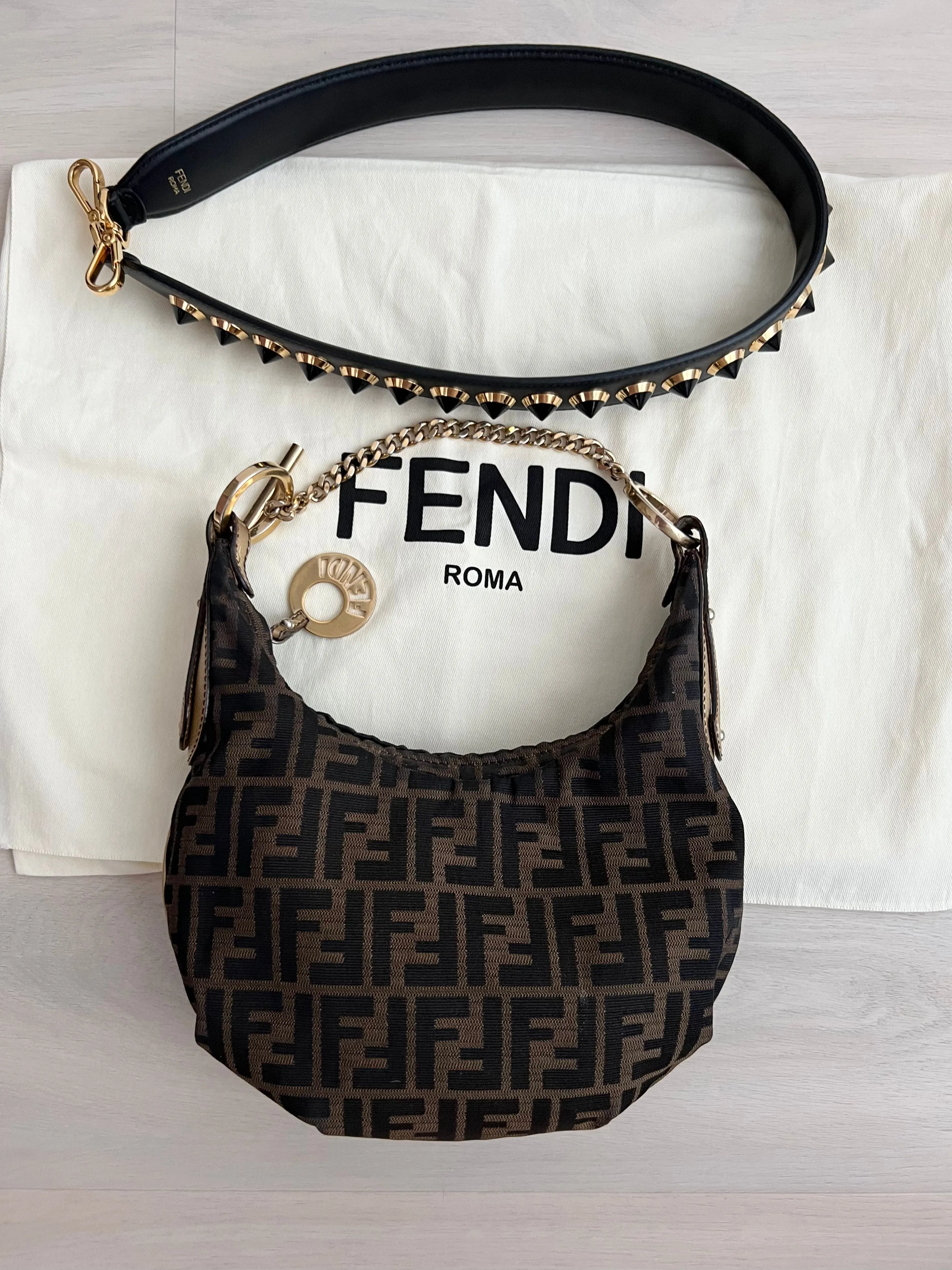 Fendi Vintage Tabacco Zucca Canvas Chef Chain Hobo Mini Bag