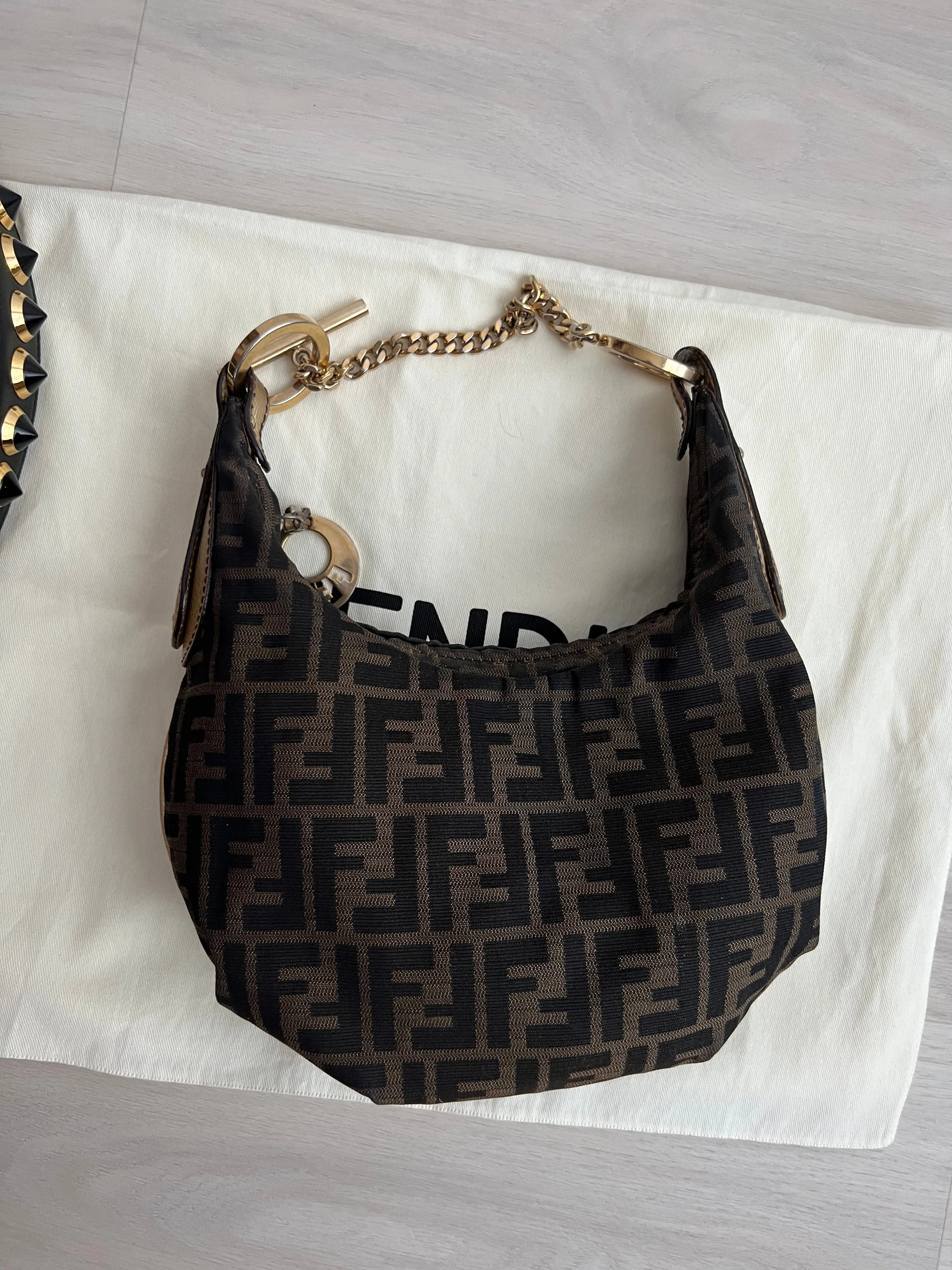 Fendi Vintage Tabacco Zucca Canvas Chef Chain Hobo Mini Bag