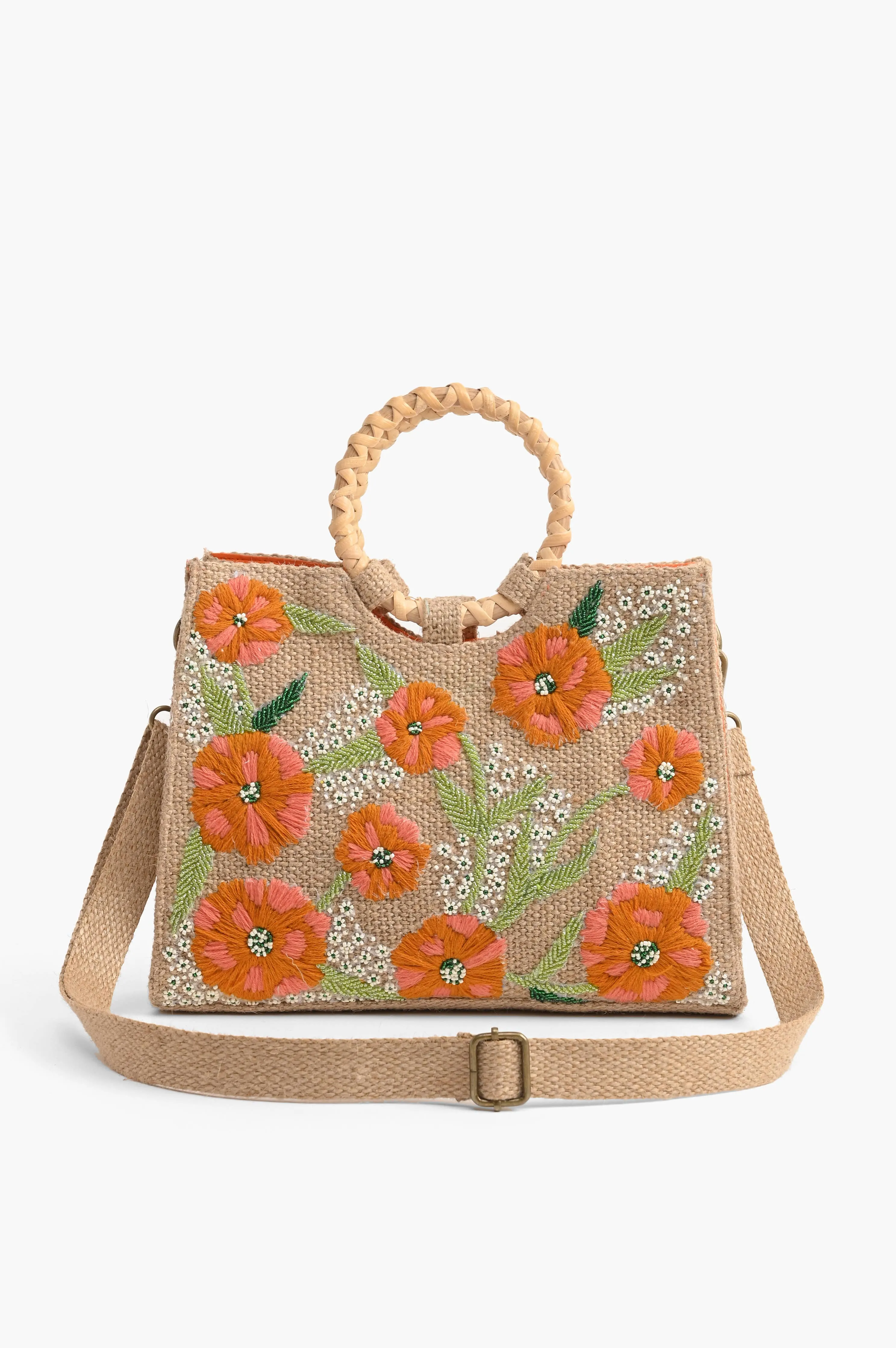 Floral Beaded Jute Shoulder Bag