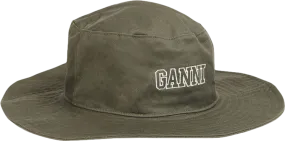 Ganni Green Embroidered Logo Organic Cotton Bucket Hat UK S