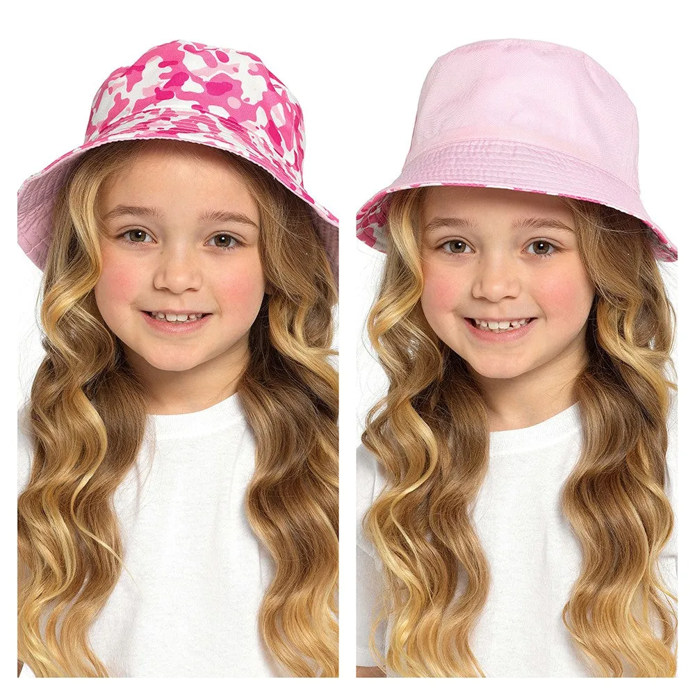 Girls Pink Camo Printed Bucket Hat - Reversible-PINK