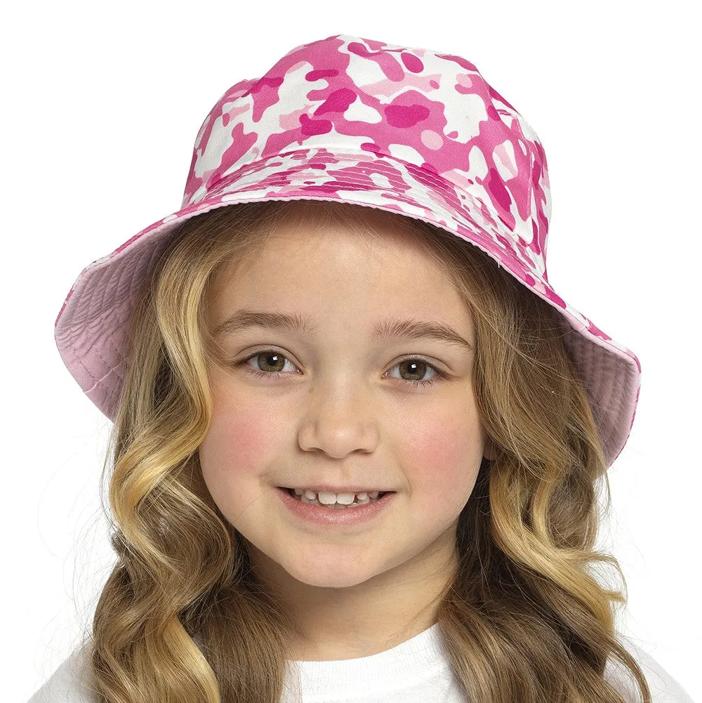 Girls Pink Camo Printed Bucket Hat - Reversible-PINK