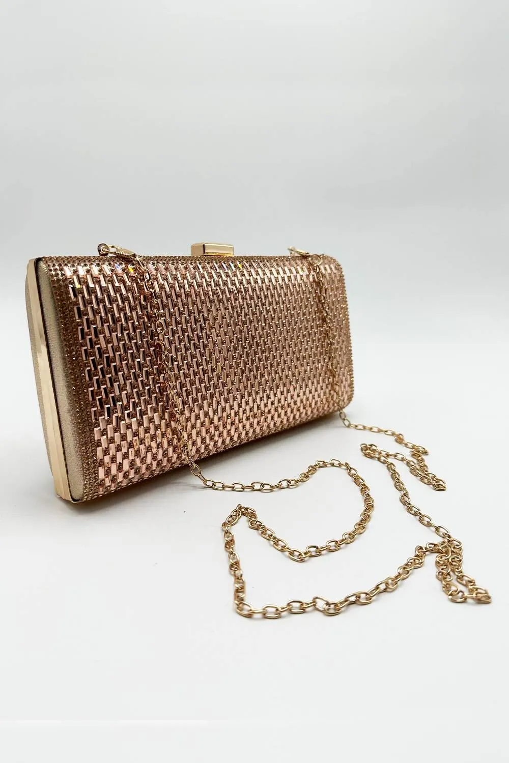 Goya Diamante Embellished Rectangle Clutch Bag in Champagne