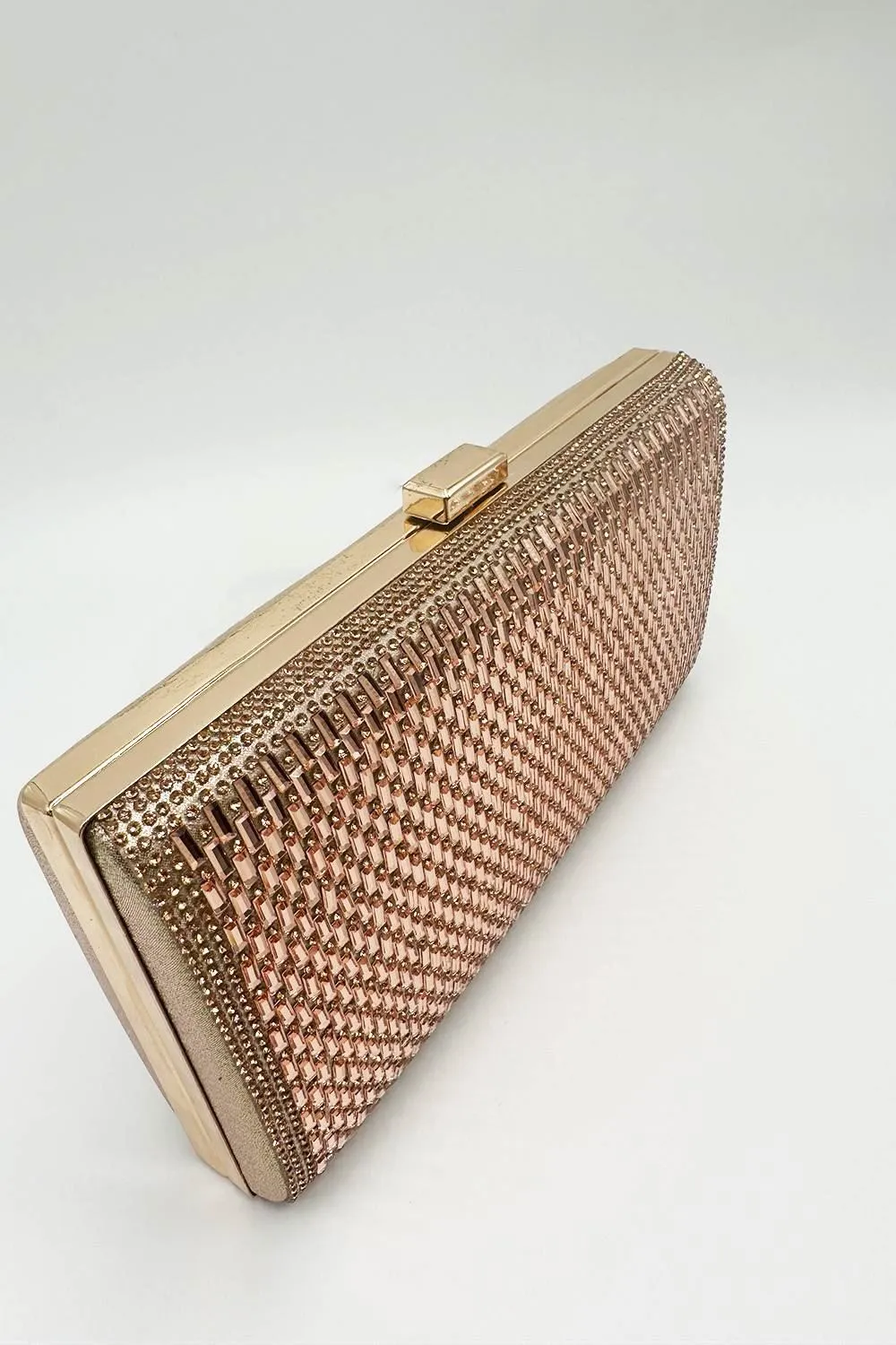 Goya Diamante Embellished Rectangle Clutch Bag in Champagne