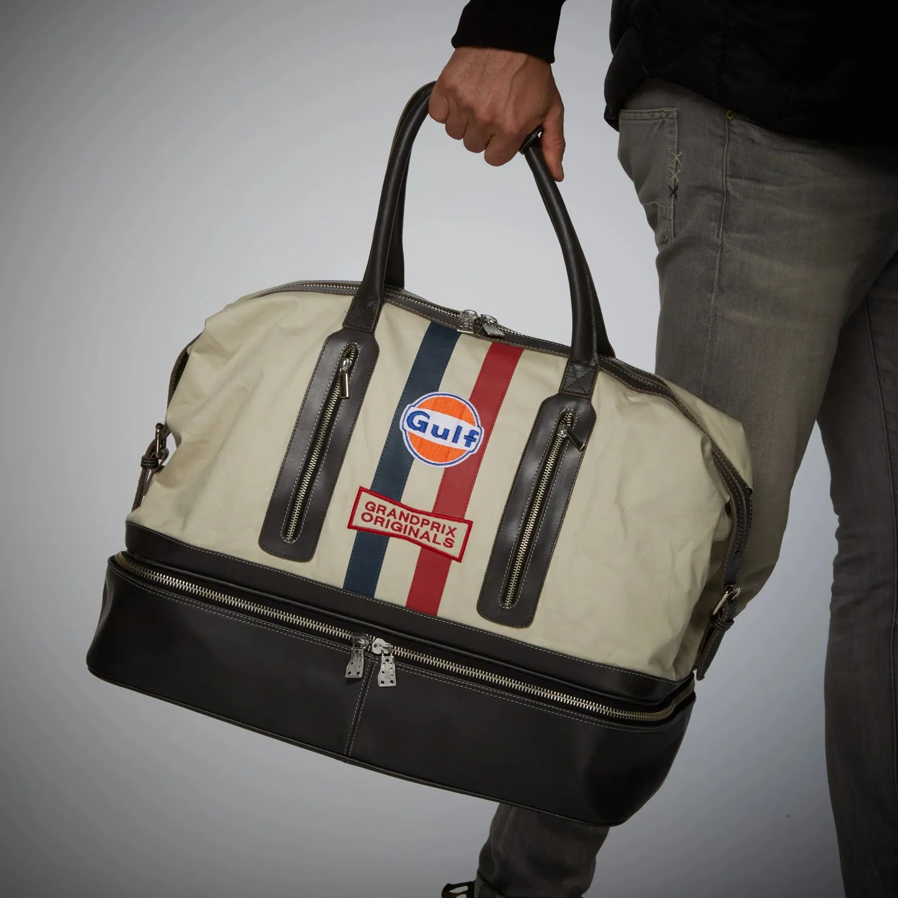 GrandPrix Originals Gulf Leather/Canvas Track Sport Dual-Compartment Duffel Bag - Sand