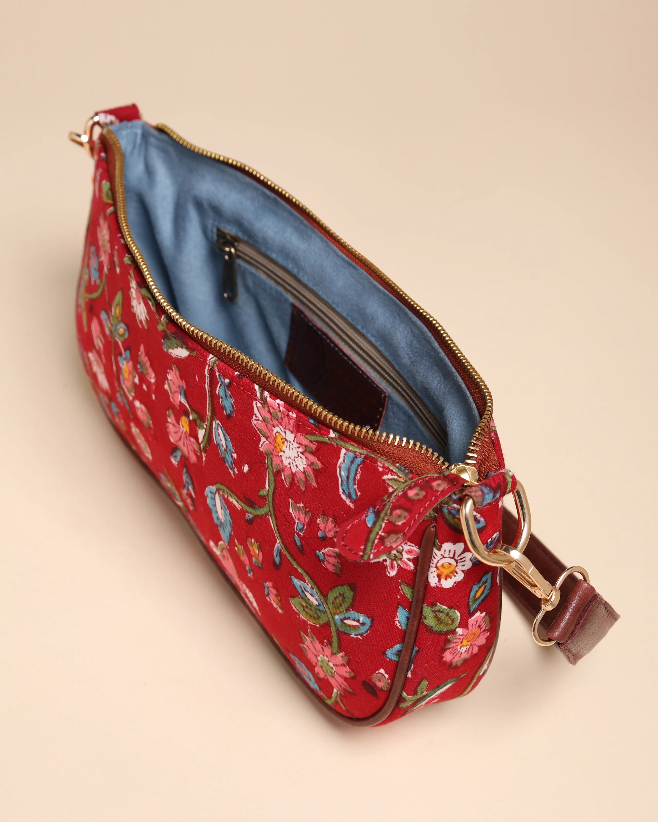 Imperial Red Cotton Blockprinted Mini Baguette Bag