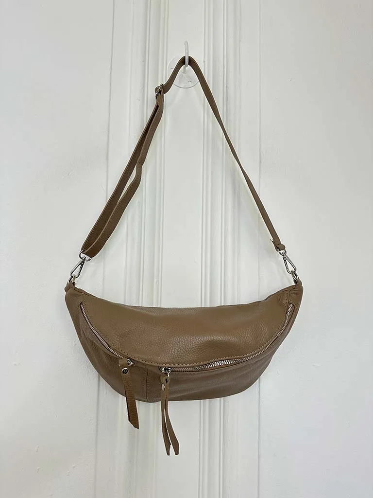 Leather Double Zip Bumbag - Latte