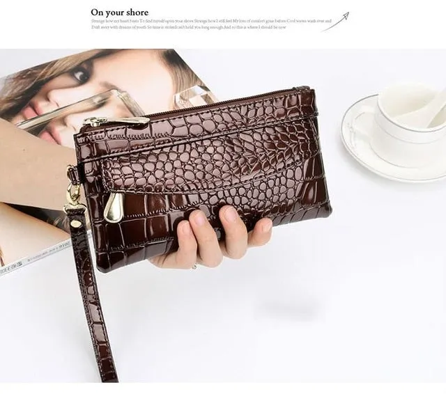 Patent Leather Women's Wallets Fallow Long Ladies Double Zipper Wallet Clutch Bag Design Red Purse Crocodile Purses