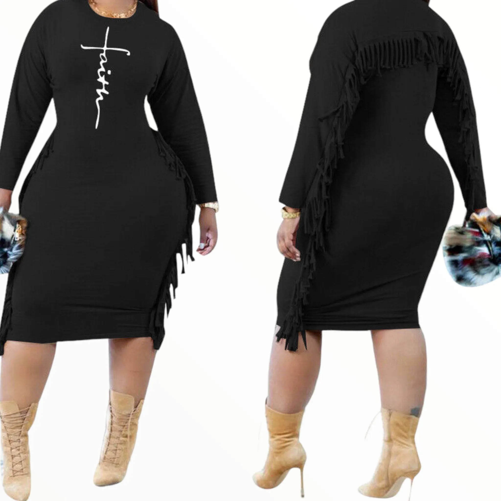 Plus Size Little Black Fringe Dress