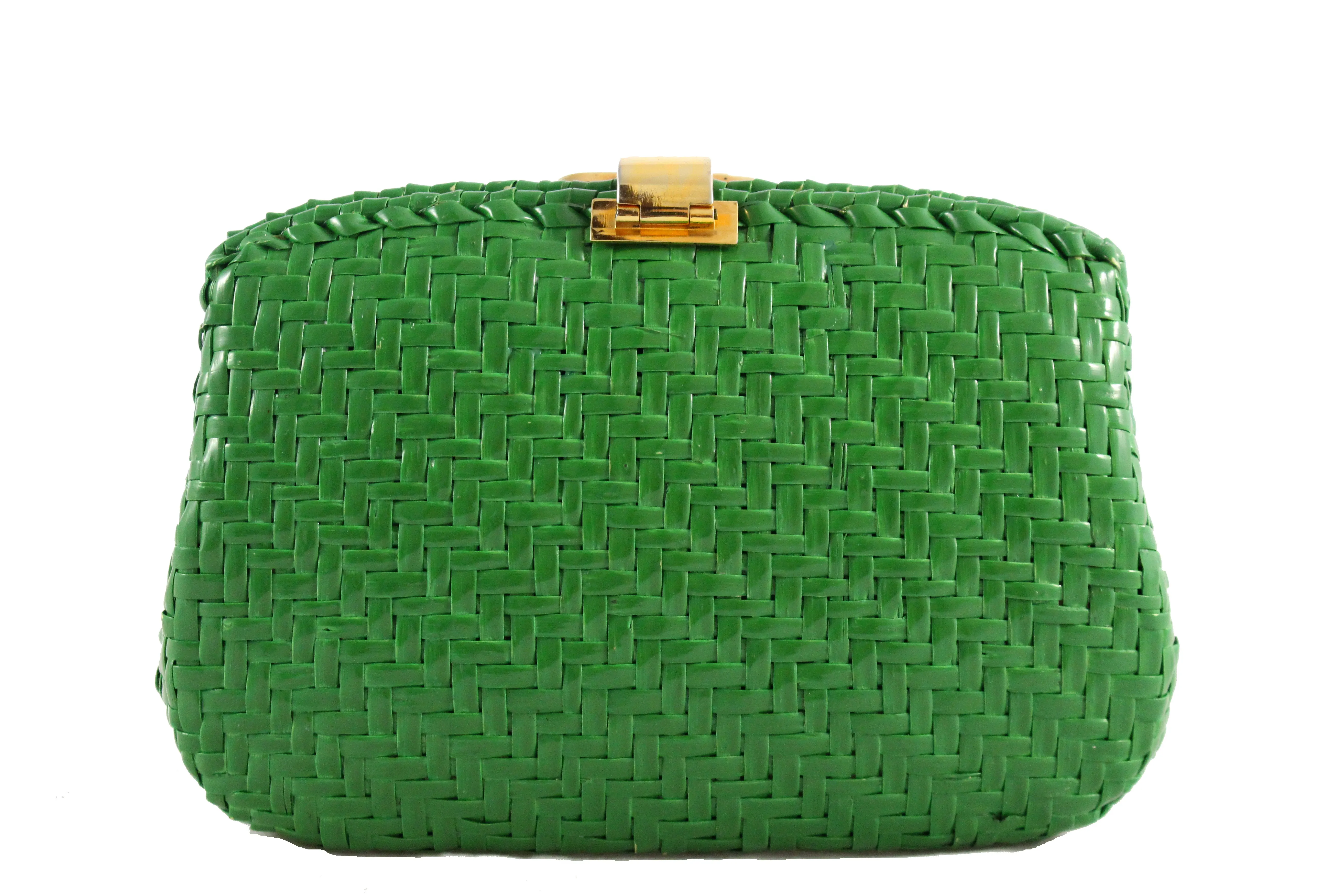 RODO green wicker clutch with gold and silver clasp