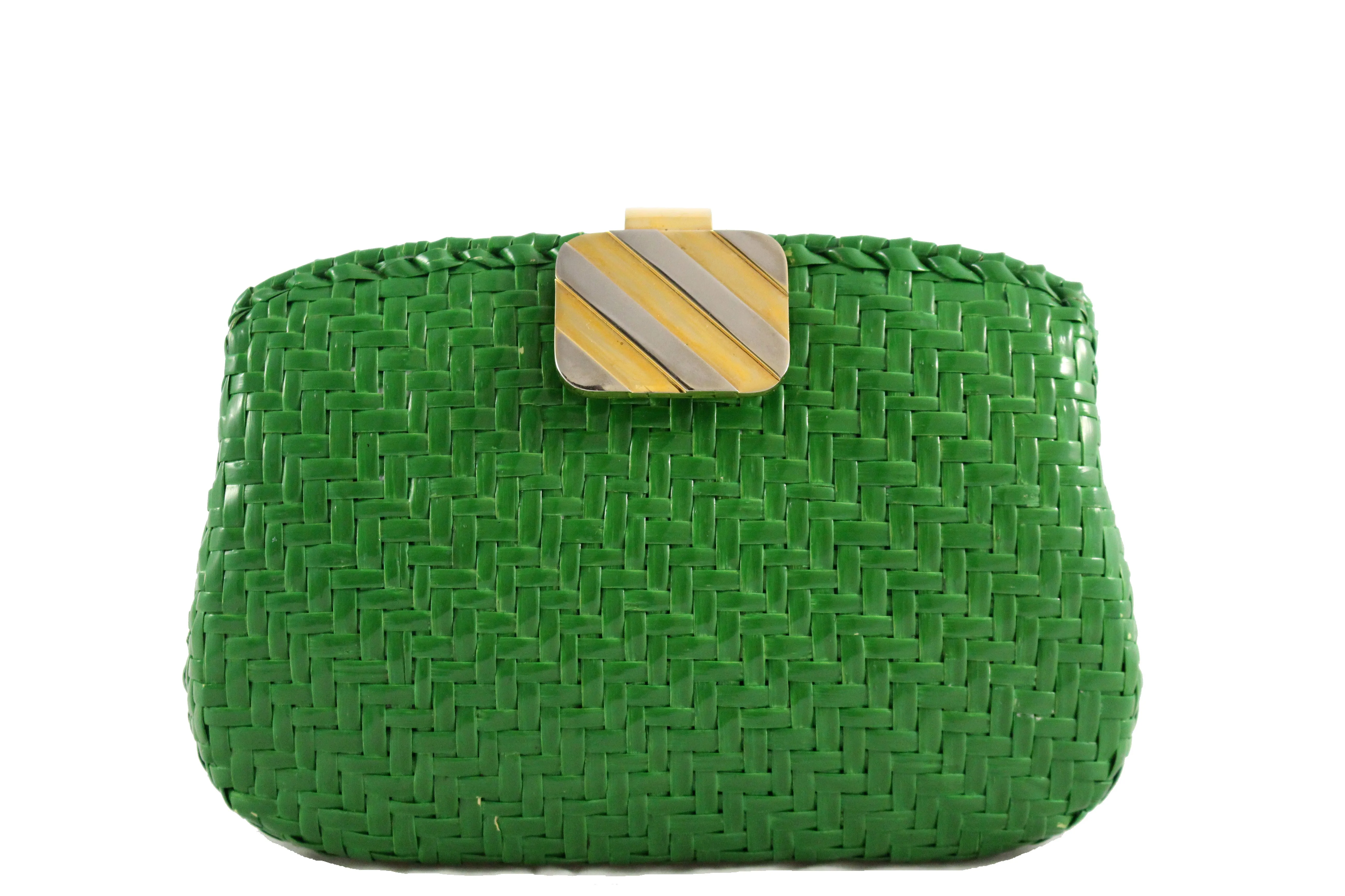 RODO green wicker clutch with gold and silver clasp