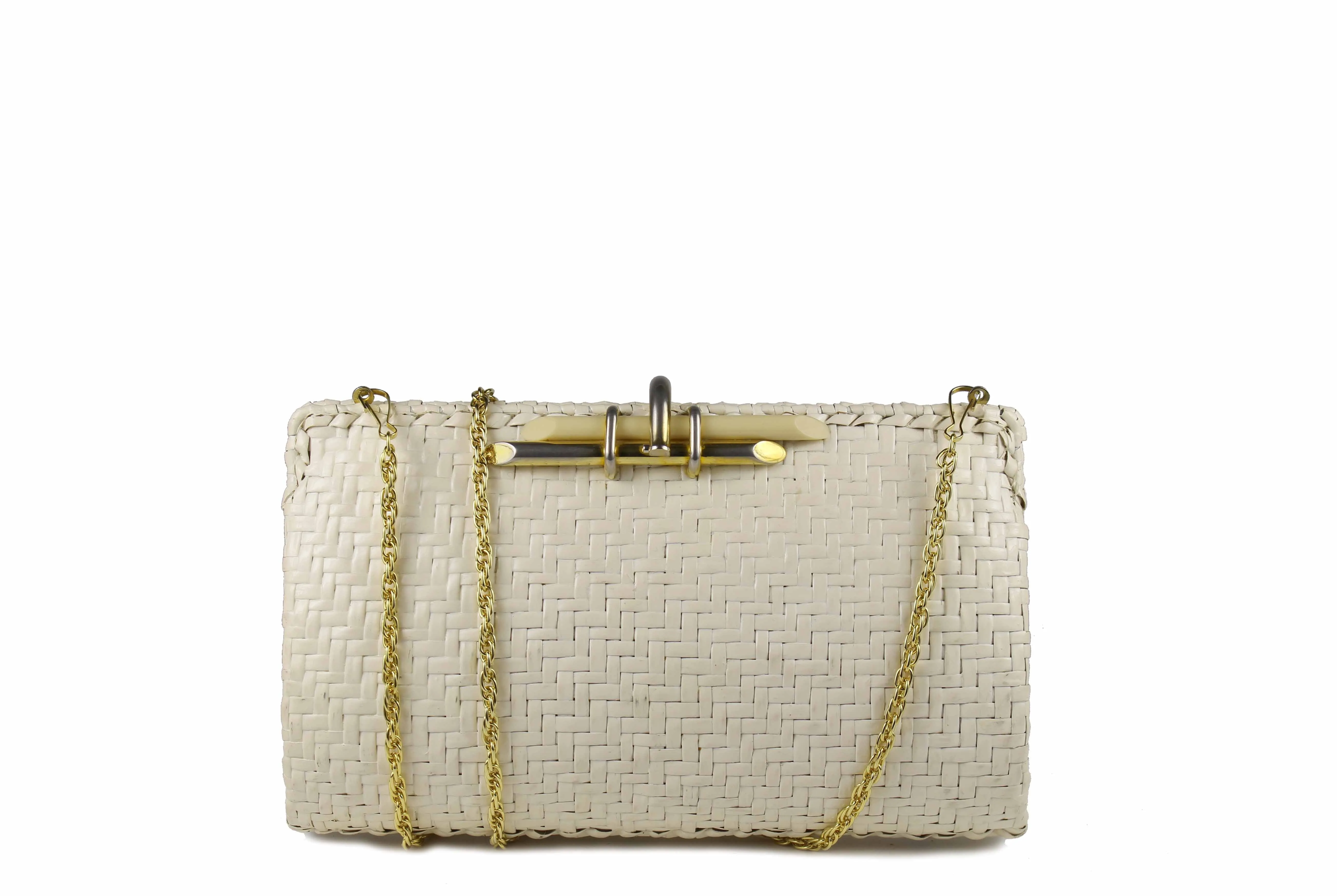 RODO white wicker clutch with metal and plastic clasp