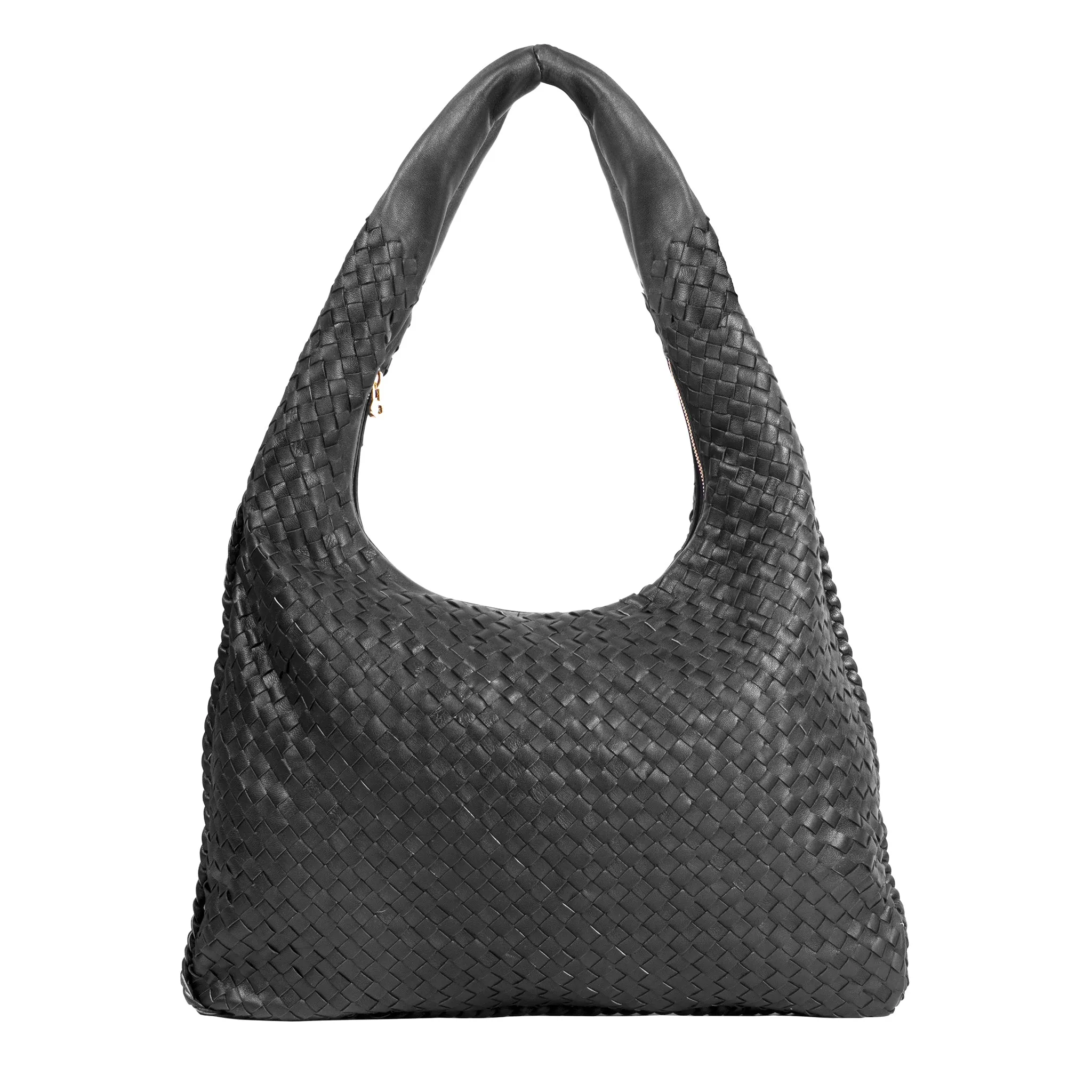 Woven Leather Slouchy Hobo Bag-Black